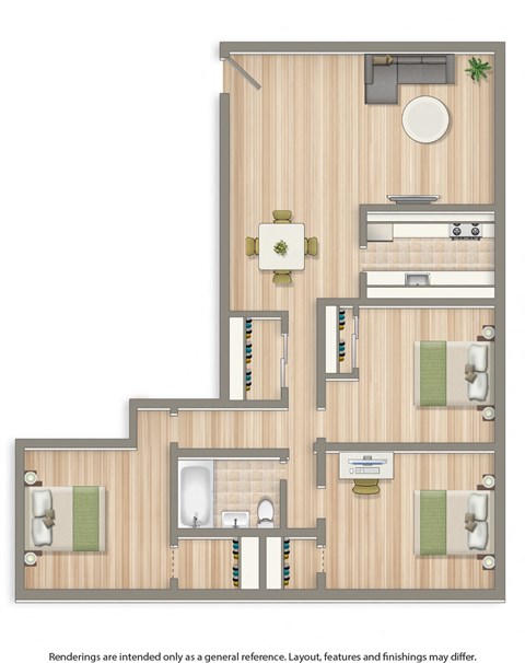 Floor plan for 3 beds, 1 bath, 1100 sqft